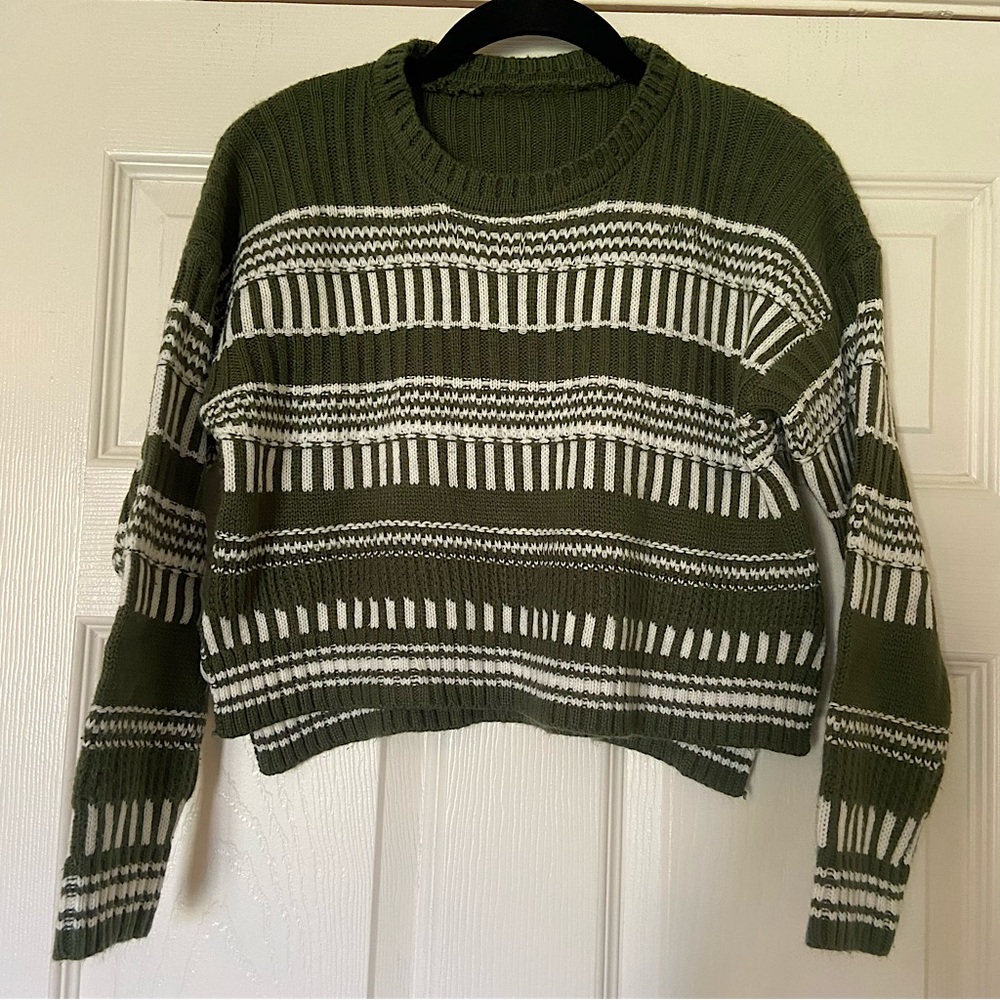 Olive and White Striped Crop Top Sweater